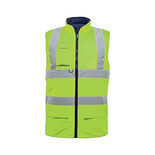 Image of Hi Vis Viz Padded Reversible Fleece Lined Bodywarmer, Hi-Vis Safety High Visibility Gilet Waistcoat Waterproof Two Tone Reflective Tape Workwear Vest UK Plus Size S-5XL, Yellow-XXL
