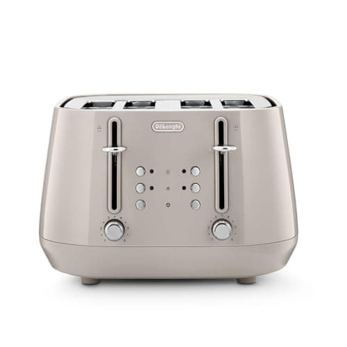 Image of De'Longhi Eclettica BPA Free Metal Toaster CTY4003.BG, 4 Slot Toaster with Reheat and Defrost Functions, Control Panels, Progressive Browning Levels, Pull Crumbs Trays, Stainless Steel, 1800W, Beige