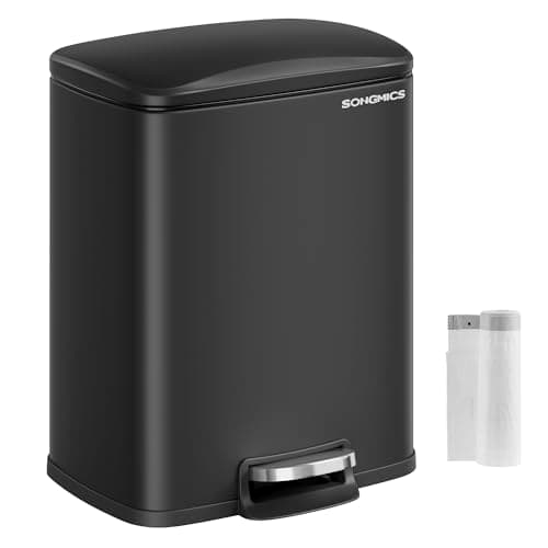 Image of SONGMICS Kitchen Bin, 5.2-Gallon (20 L) Pedal Bin, Trash Bin, Soft-Close Lid, Stays Open, Inner Bucket, Includes 15 Rubbish Bags, Ink Black LTB543B01