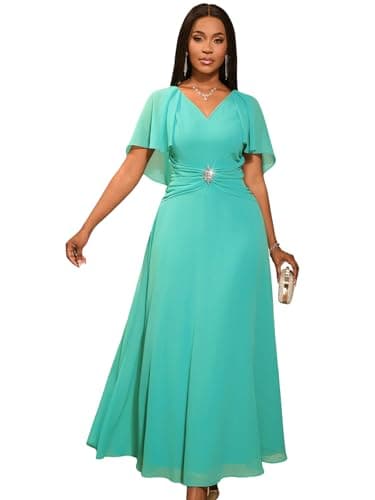 Image of AOMEI Ladies Summer Maxi Wedding Guest Dresses Chiffon Cape Sleeve Rhinestone Ruched A Line Formal Bridesmaid Dress (Green,M)