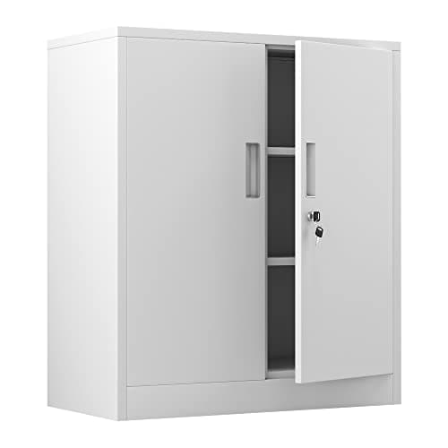 Image of iJINGUR Metal Storage Cabinet with Locking Doors and 2 Adjustable Shelves, Small Lockable Storage Cupboard for Home Office Garage (White)