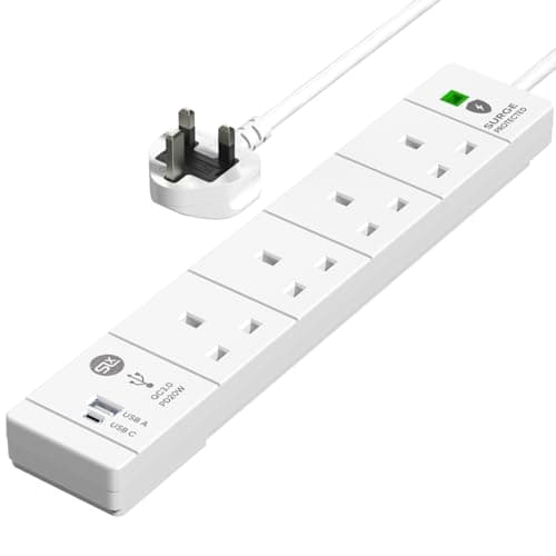 Image of SLx Extension Lead 1m 4 Way Gang Surge Protected Power Strip with USB A & USB C PD20W fast Charging Port LED Indicator 3 Pin Sockets Wall Mountable Extension Cord for Home, Office or Garage White