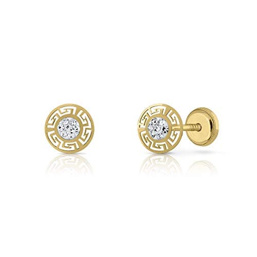 Image of 18k gold earrings, girls or women, round model with greek around and centre with stones set of maximum brilliance, 6 mm jewellery size with maximum safety clasp.