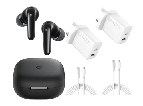 Image of Anker USB C Plug 20W Dual Port Fast Charger with 2-Pack 5 ft Cables + Soundcore P31i Real-Time Adaptive Noise Cancelling Hi-Res Bluetooth Earbuds 50H Playtime