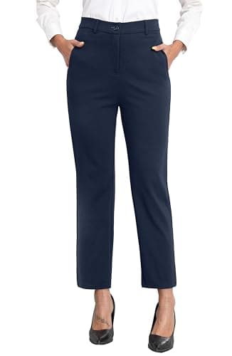 Image of GRECERELLE Womens Work Trousers Office Smart Stretchy High Elasticated Waist Straight Leg Casual Yoga Pants for Women UK with Pockets Zipper (Navy Blue, M)