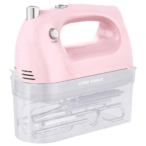 Image of Lord Eagle Hand Mixer Electric Whisk, 400W Power Handheld Mixer for Baking Cake Egg Cream Food Beater, Turbo Boost/Self-Control Speed + 5 Speed + Eject Button + 5 Accessories, Pink