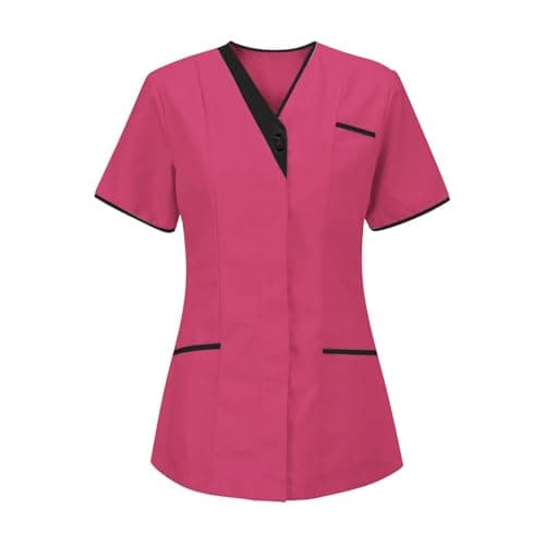 Image of Medical Scrub Tops For Women Uk V Neck Nurses Tunics Private Health Care Hospital Work Wear Short Sleeve Blouse Clinic Carer Utility Uniform with Pockets (UK, Alpha, XL, Regular, Regular, 01 Pink)