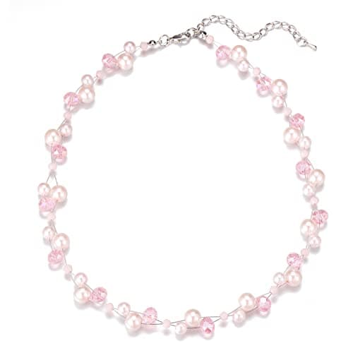 Image of BULINLIN Short Beaded Pearl Necklace for Women, Silver Handmade Statement Necklace with Crystal Beads Fashion Jewellery Birthday Gifts for Her(light pink)