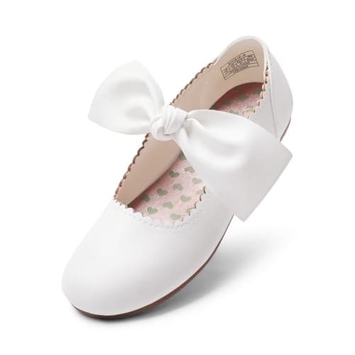 Image of DREAM PAIRS Girls Mary Jane Dress Shoes Front Bow Ballerina Flats for Wedding, Party, Christmas,Size 1 Big Kid,White,Angie-5