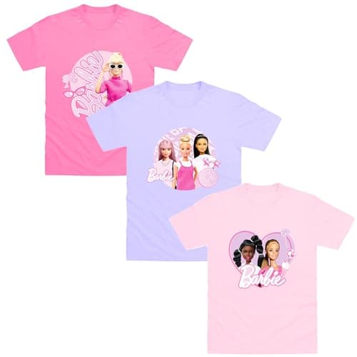 Image of Barbie 3 Pack Girls T-Shirts - 100% Cotton Short Sleeve Tops Friends Designs - Sizes 5-6 Years