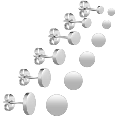 Image of 6 Pairs Dot Stud Earrings Unisex Stainless Steel Ear Studs Silver Round Flat Top Stud Earrings Set for Women Men Girls (0.3cm-0.8cm)
