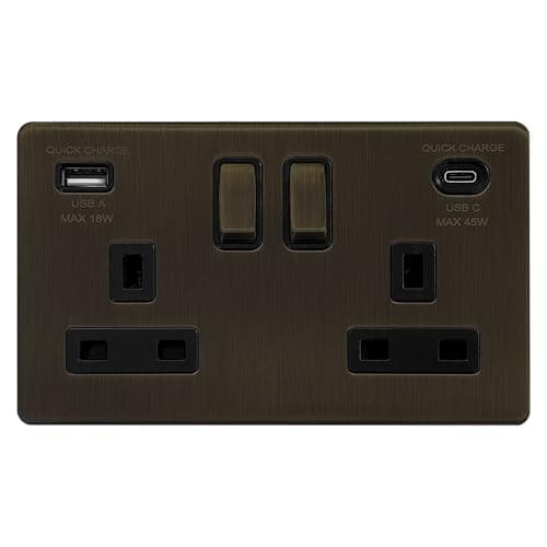 Image of EVOGES Terra 2 Gang Switched Socket with USB-C 45W & USB-A Fast Charge – 13A Double Pole Wall Socket, Fits Standard UK Back Boxes (Slate Bronze)
