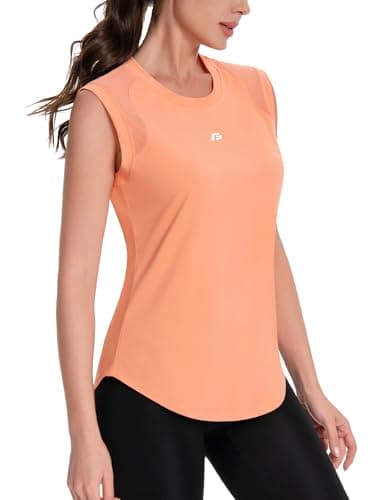 Image of ANGEL CITIZ Gym Sleeveless Tops for Women UPF 50+ Sport Tank Tops Womens Running Shirts Yoga Vest Shoulder Mesh Breathable Orange
