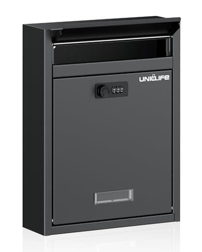 Image of Uniclife Wall Mount Mailbox for Outside, Large Locking Mailbox with Combination Lock, Security Mail Box for House, Safe Key Drop Box, Post Box, Steel Cash Drop Box for Home Office School, Black