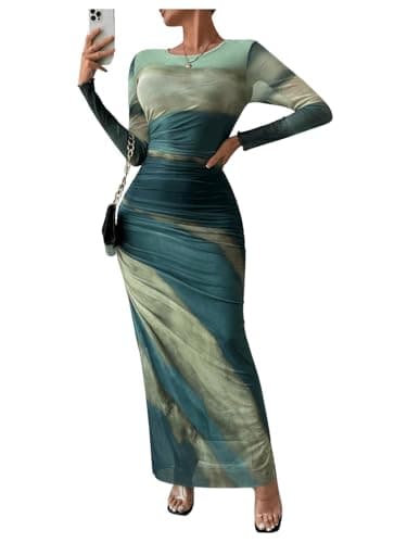 Image of Women's Tie Dye Long Sleeve Maxi Dress Bodycon Ruched Slim Fit Formal Night Out Dress for Fall Spring Clubwear Cocktail Party, Olive Green, L