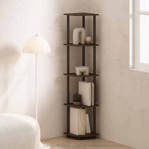 Image of Furinno Turn-N-Tube 5 Tier Multipurpose Corner Display Rack Shelving Unit, Walnut/Brown