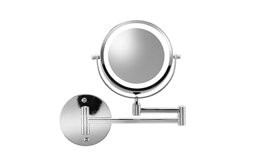Image of Croydex Extendable Illuminated Magnifying Cosmetic Mirror, Wall Mounted Chrome, 360° Swivel Bathroom Mirror with LED Lights, Battery Operated, Double Sided, 3x/1x Magnification