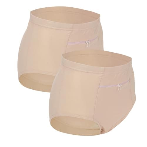 Image of LUWOO 2 Pack Women's Underwear with Zipper Panties, Travel Womens Underwear, Waisted Brief Panties X-Small Size (Light Brown)