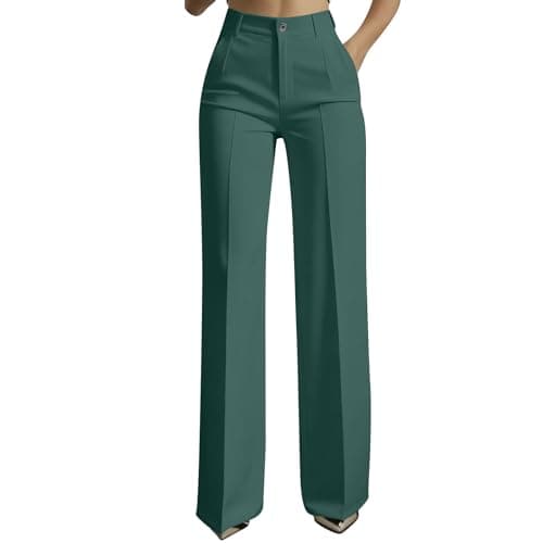 Image of Womens Wide Leg Trousers Ladies Formal Work Office Smart Dressy Pant Casual Elegant High Elastic Waist Bootcut Tailored Long Pants Slim Relaxed Fit Flared Stretch Bottoms Pockets Yoga Business Green L