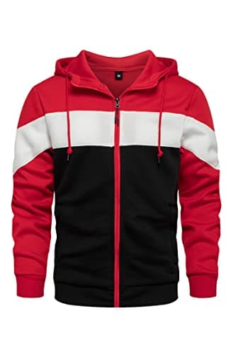 Image of Wirltte Mens Hoodie Zip up Hoodies Color Block Hooded Sweatshirt Long Sleeve Patchwork Tops with Pockets Red L