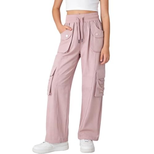 Image of Rolanko Girls Cargo Trousers Water Resistant Hiking Joggers, Elastic High Waist Lightweight Quick Dry Sweatpants for Teens, Pink, 150, 10-11 Years