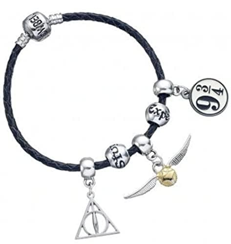 Image of Harry Potter Charm Set- Black Leather Bracelet/Deathly Hallows/Snitch/Platfrom 9 3/4/ 2 Spellbeads- HP0091