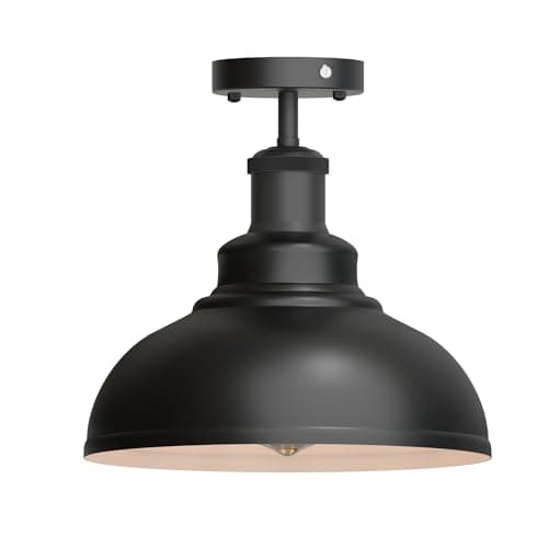 Image of LEDSone Industrial Modern Semi Flush Mount Ceiling Light Metal Curvy Dome Shade Pendant Fixture with E27 Socket for Kitchen, Dining Room, Hallway, Bedroom, Living Room (Black Inner White)