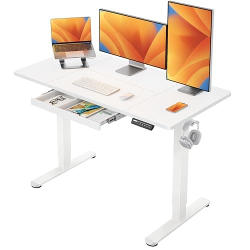 Image of ErGear Electric Standing Desk 120 x 60 cm, Height Adjustable Desk, Sit Stand Table with Easy-Glide Drawer & 4 Memory Smart Pannal, T-Leg Design for Stability, Splice Board, White Frame & Surface