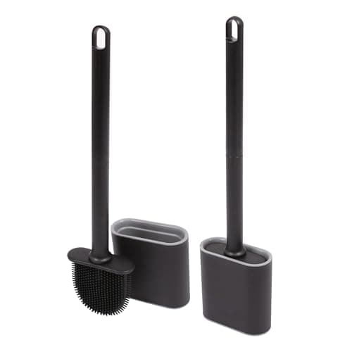 Image of Harbour Housewares Wall-Mounted Toilet Brush & Holder Sets - Pack of 2 - Black - Silicone Brush, Slimline, Detachable, Hygienic, Space-Saving Bathroom Accessories
