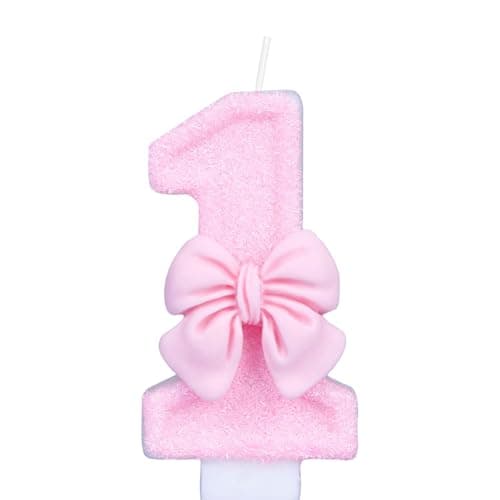 Image of ZHIHUI Birthday Candle for Cake, Pink Bow Birthday Cake Topper Decoration, Cake Candles for 1st Girls Theme Party Supplies Birthday Party (Number 1)