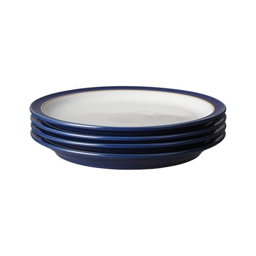 Image of Denby - Elements Dark Blue Dinner Plates Set of 4 - Dishwasher Microwave Safe Crockery 26.5cm - Navy Blue, White Ceramic Stoneware Tableware - Chip & Crack Resistant Large Plates