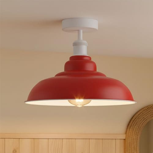 Image of DC VOLTAGE Vintage Flush Mount Ceiling Lighting E27 Holder with 32cm Red Ceiling Lampshade Easy Fit Metal Semi Flush Light Fitting for Kitchen Bedroom Livingroom (Red)