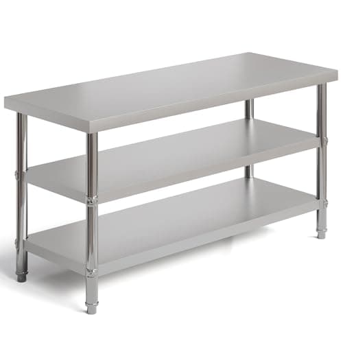 Image of DKIEI Three-layer Stainless Steel Kitchen Catering Table, Heavy Duty Food Prep Workbench, 120 x 60 x 80cm Commercial Food Preparation Work Tables for Restaurant, Home, Hotel