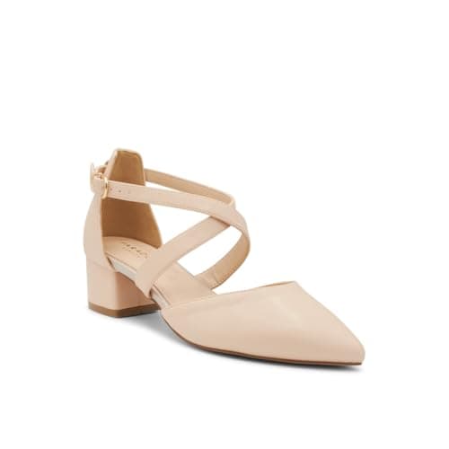 Image of Paradox London Fran Wide Fit Court Shoes, Shimmer Block Heel, Pointed Toe with Cross Strap, 4cm Heel (Nude, UK Footwear Size System, Adult, Women, Numeric, Wide, 5)