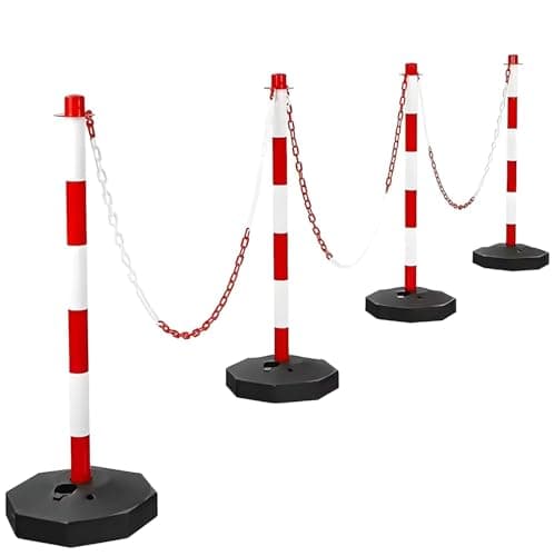 Image of Red & White Plastic Chain Post Set (4 Posts, 32ft Chain) - Fillable 1m High Safety Barrier for Crowd Traffic Control, Car Parks and Demaraction