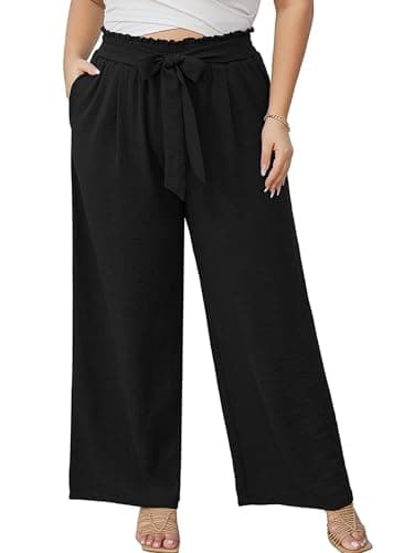 Image of AusLook Women's Plus Size Wide Leg Pants with Pockets Black 3X Lightweight High Waisted Tie Knot Paperbag Dressy Palazzo Loose Paper Bag Comfy Business Casual Work Flowy Dress Trousers