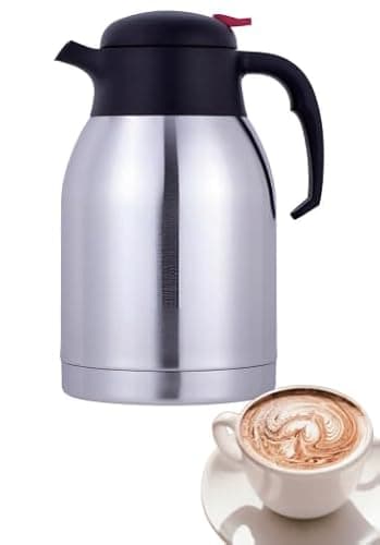 Image of DWD® 2.0 Litre Brushed Stainless Steel Push Button Vacuum Jug Flask 201 Grade Stainless Steel with EN12546-1 Certificate Hot & Cold 24 Hours Twin Wall Insulated Tea Coffee Water One Touch Lid Airpot