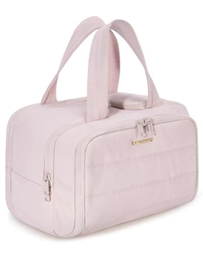 Image of BAGSMART Large Toiletry Bag Travel Makeup Bag, 2 Full Open Upright Compartments, Cosmetic Wash Bag with Wet & Brushes Pocket, Essentials Accessories for Women, Pink
