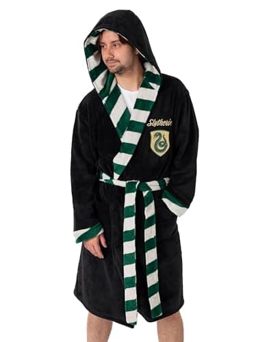 Image of Harry Potter Slytherin Unisex Black Hooded Bathrobe | Cosy Fleece Loungewear for Home & Lounging | Long Sleeve Tie Closure | Movie Merchandise Merch - Large