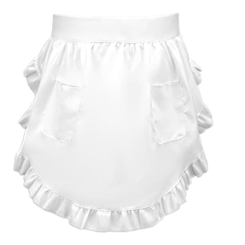Image of Ptwola Women's Waist Apron White Half Apron with Pockets Adjustable Chef Cooking Short Apron Vintage Ruffle French Maid Kitchen Costume Apron for Girl Restaurant Waitress Bistro Coffee Shop Christmas