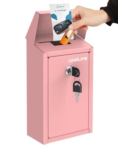 Image of Uniclife Pink Key Drop Box for Outside, Metal Donation Box Collection Box with Key Lock, Safe Suggestion Box, Wall Mounted Mailbox with Top Slot, Steel Cash Drop Box for Home Office and Business