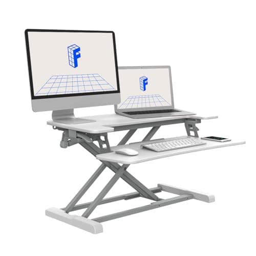 Image of FLEXISPOT Standing Desk Converter Sit to Stand up Desk Riser with Dual Monitor and Laptop, Height Adjustable Computer Workstation with Wide Keyboard Tray, White