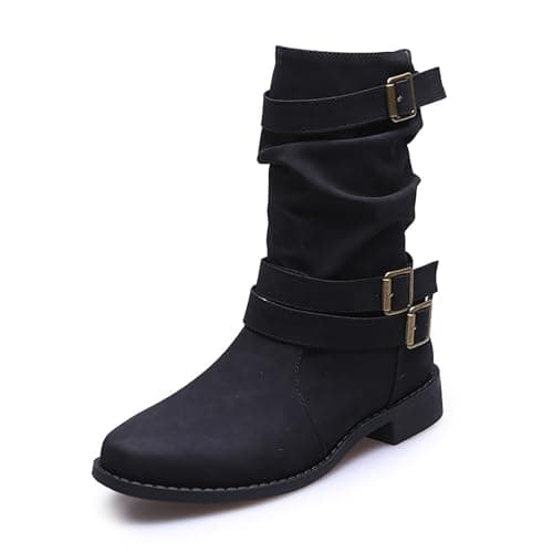 Image of Generisch Womens Winter Fashion Leather Buckle Mid Boots Comfortable Slip On Boots, black, 5 UK