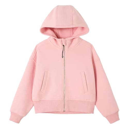 Image of Rolanko Girls Cropped Zip Up Hoodie, Cozy Long Sleeve Hooded Jacket Casual Sweatshirt Tops with Pockets for Teen Kids, Pink, 8-9 Years, 140