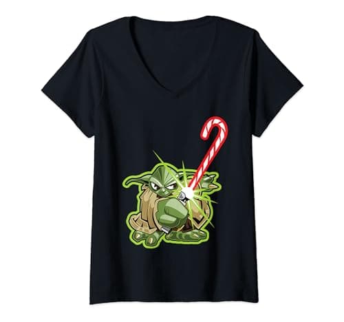 Image of Star Wars Christmas Candy Cane Yoda V-Neck T-Shirt