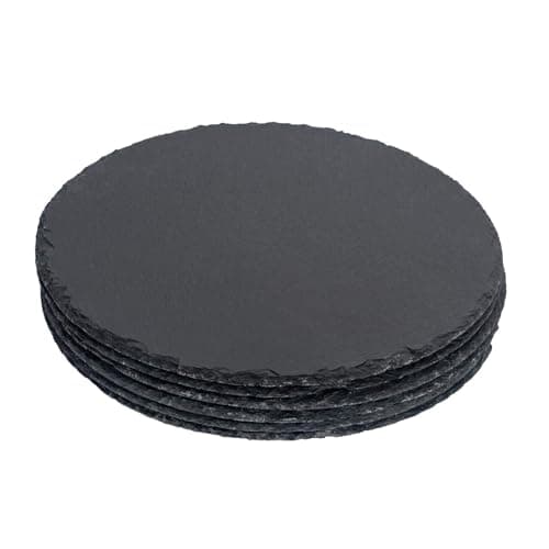 Image of Argon Tableware Slate Serving Platter - Round - 33cm - Pack of 6 - Black Natural Slate Rustic Raw Cut Serving Platter Fruit Savoury Placemat Cheese Board with Soft Padded Feet