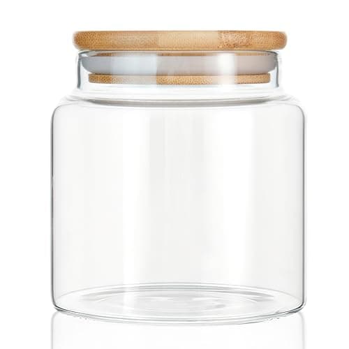 Image of INCETUE 480ML/16Oz Clear Glass Storage Container Jar with Airtight Flat Bamboo Lid, Decorative Small Food Canister for Coffee, Spice, Sugar, Salad, Cereal, Flour, Candy, Cookie