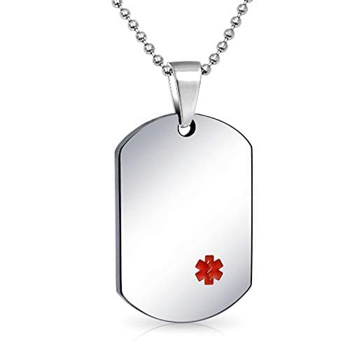 Image of Bling Jewelry Unisex Personalize Customizable Medical Identification Medical ID Dog Tag Steel Pendant Necklace For Men Women 20 Inch Chain Large