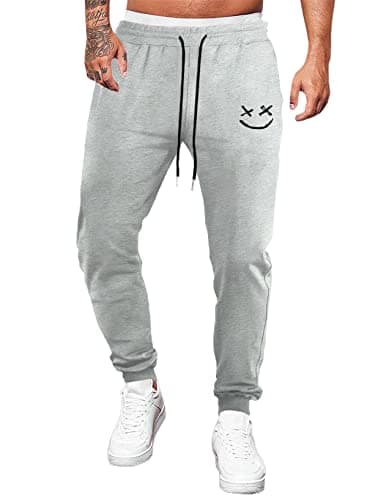 Image of JMIERR Mens Sweatpants Tracksuit Bottoms Graphic Tapered Track Gym Running Joggers Smiley Face Athletic Pants with Drawstring,Grey,X-Large