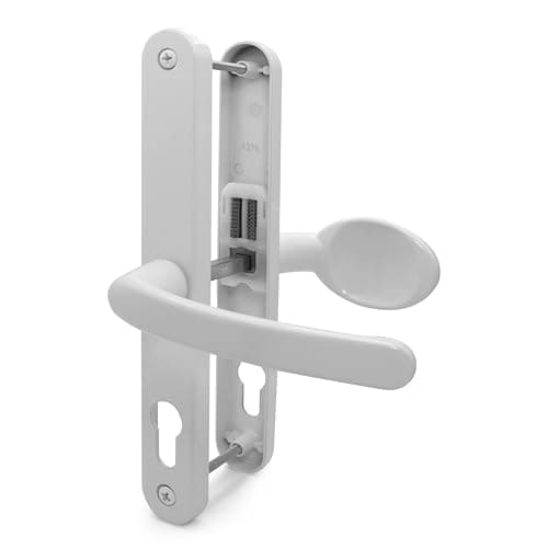 Image of TSS White UPVC Door Handle Pair Set with Lever and Pad, Suits Fullex Locks, Sprung, 68mm PZ (Centres), 215mm Screw to Screw, Backplate 245mm x 32mm, Replacement PVC Door Handle in White